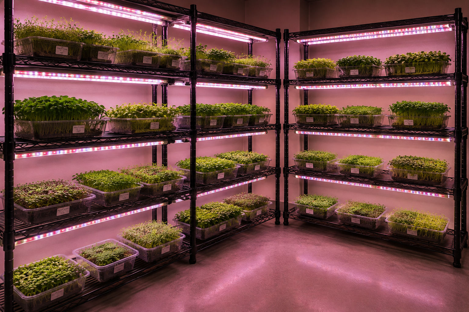 Fresh ManoHarb microgreens grown on indoor racks